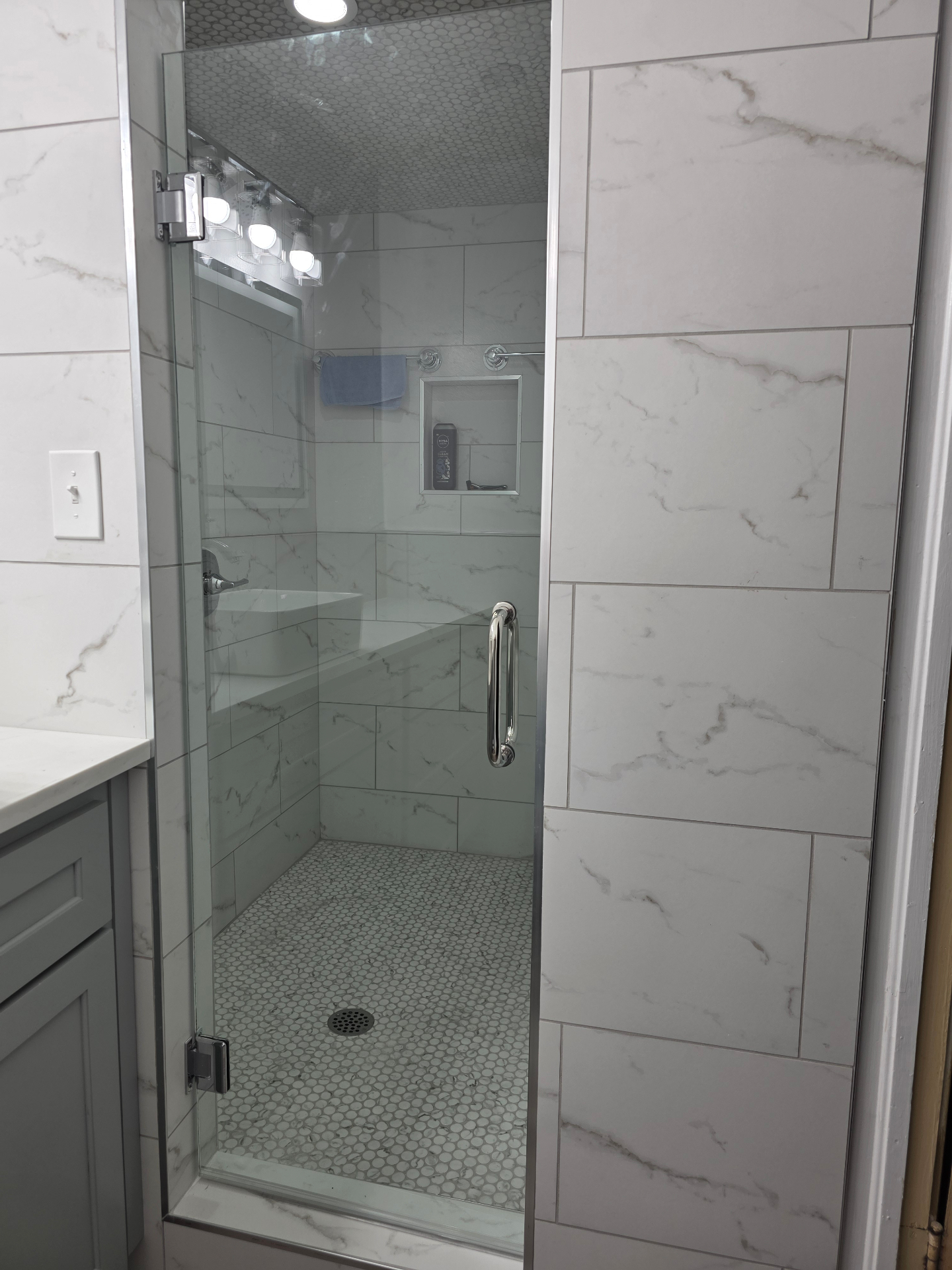 Glass-enclosed marble shower with penny tile floor